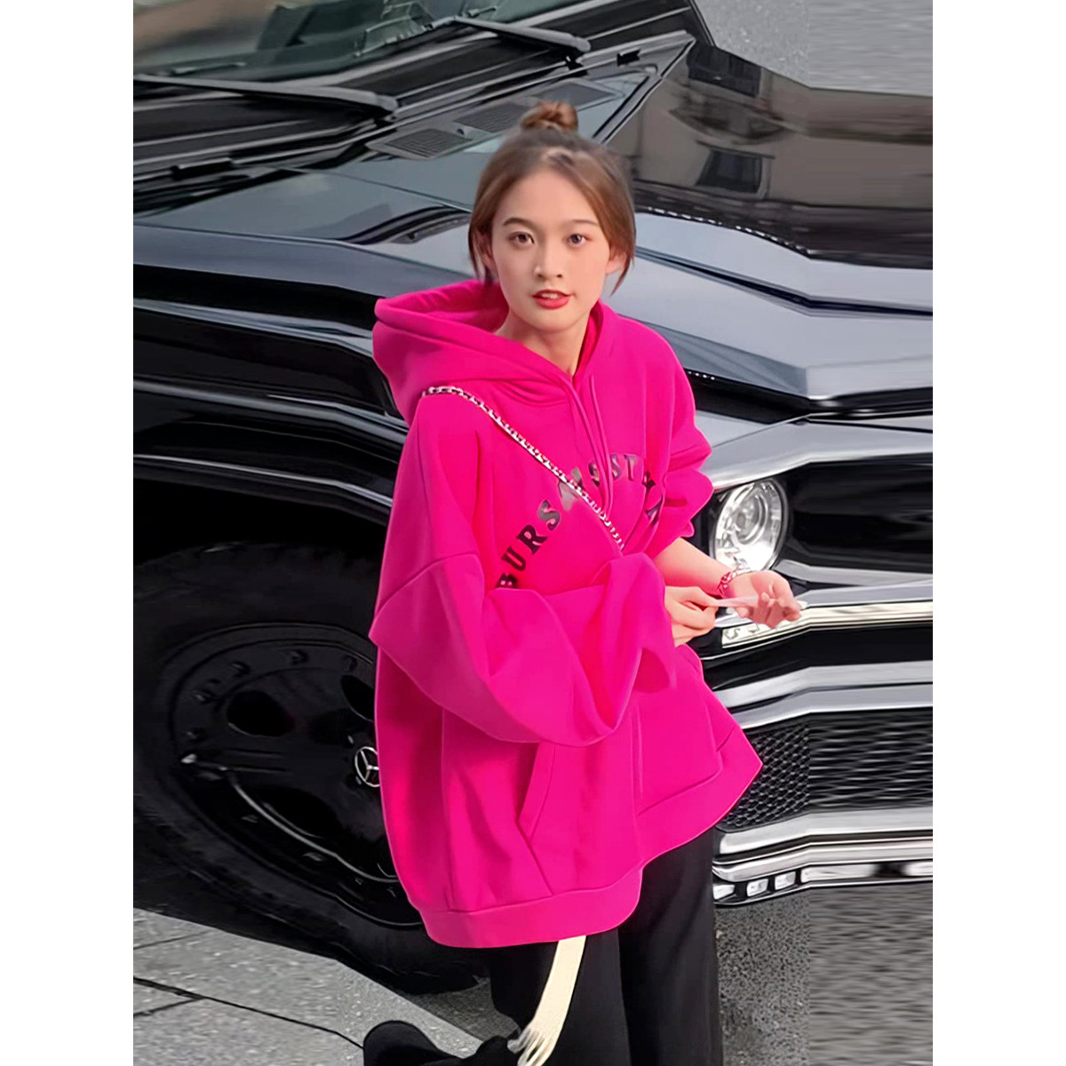 连帽火龙果玫红色卫衣女2022早春新款韩版宽松炸街甜美时尚上衣潮