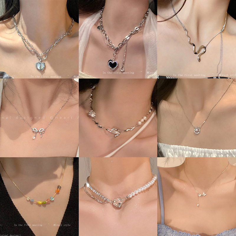 Double Layers Loving Heart Pearl Necklace for Girls No Fading Twin Necklace Design Sense Niche Clavicle Chain for Women