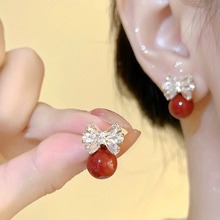 K122钻石蝴蝶结轻奢红色冬季新年珍珠设计感百搭日常小众耳钉耳环