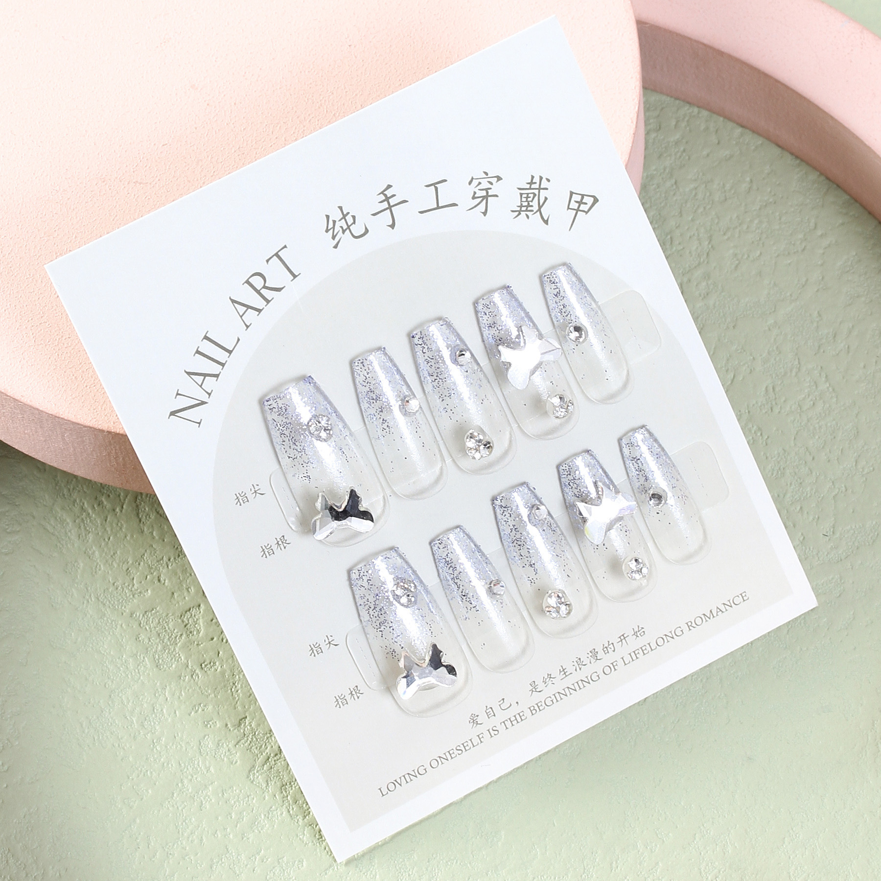 Xiaohongshu Hot Sale Semi-Transparent Long Ladder Ballet Nail Pure Hand-Wear Nail Glitter White Fake Nails with Kit