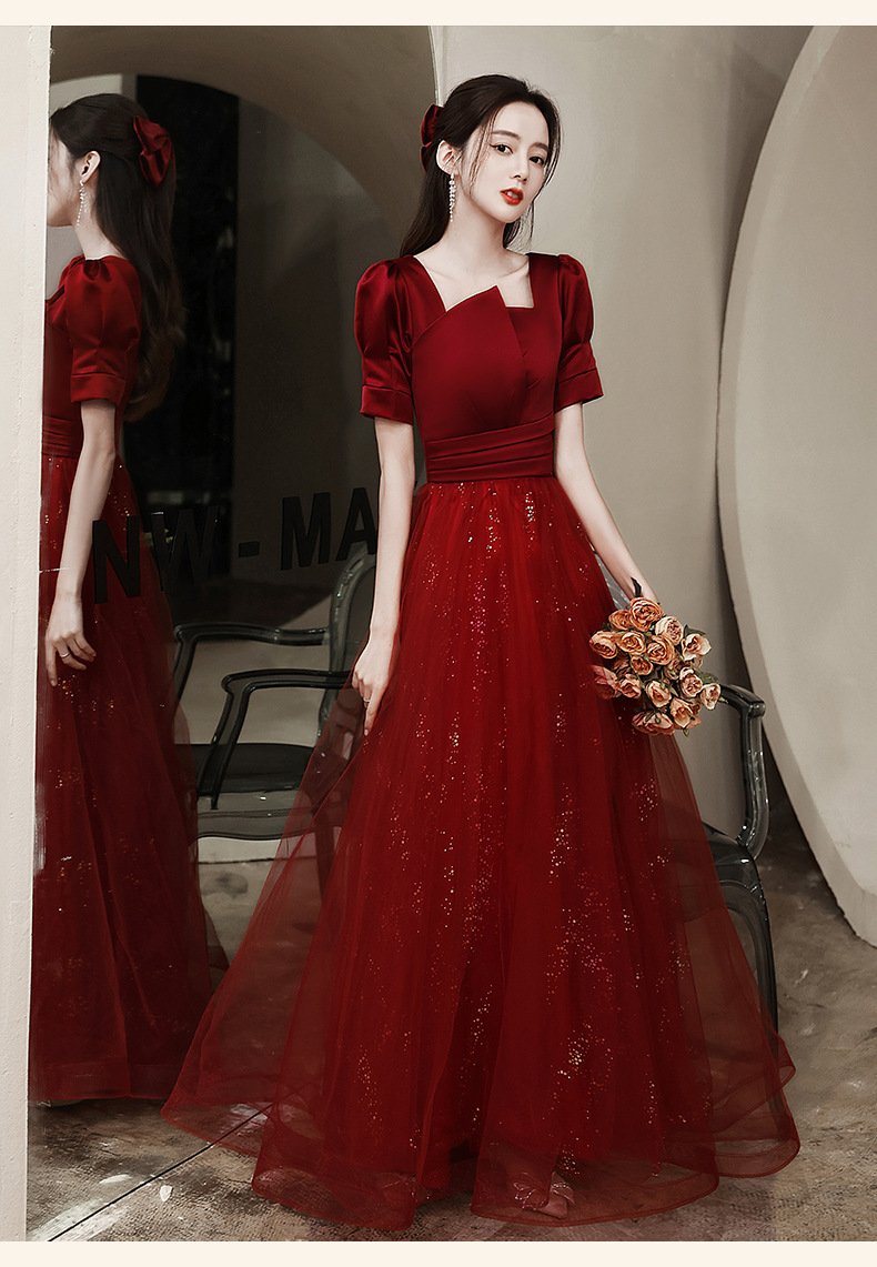 敬酒服新娘酒红色春季气质长款仙气薄款结婚晚礼服裙女纱裙演出服