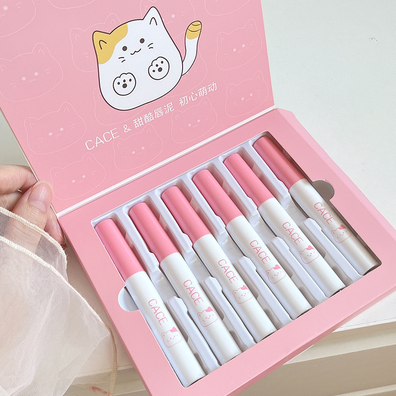 C33 Cute Cat Velvet Lip Mud Lip Lacquer Pink Series Lipstick Kit 6 Velvet Matte Finish Foreign Trade Wholesale