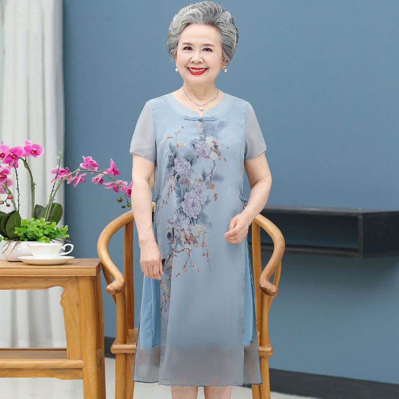 妈妈装连衣裙洋气高贵奶奶装夏装老年人女改良绣花旗袍雪纺长裙子
