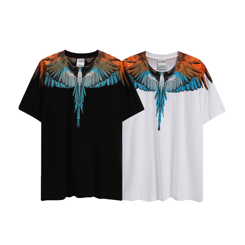 跨境货源外贸批发马塞洛mb潮牌羽毛短袖橙蓝翅膀印花男女t恤半袖t