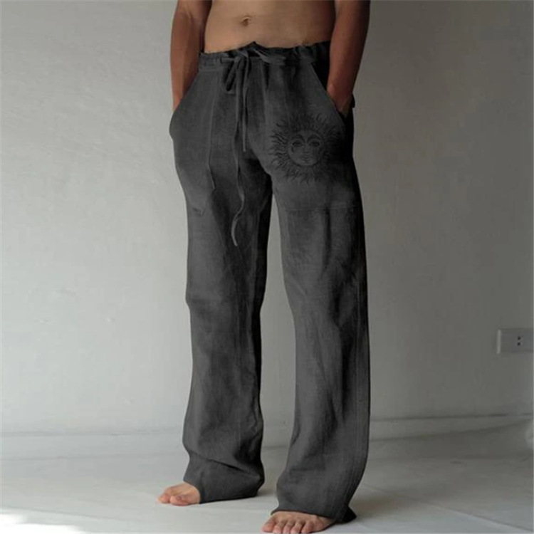 European and American Amazon Men's New Drawstring Elastic Cotton and Linen Loose Casual Trousers