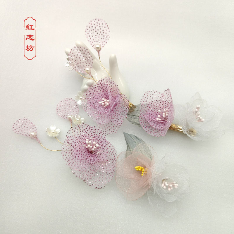 超仙绢纱烫花侧边发夹古风汉服发饰森系仙美花朵对夹烧边茶花发夹