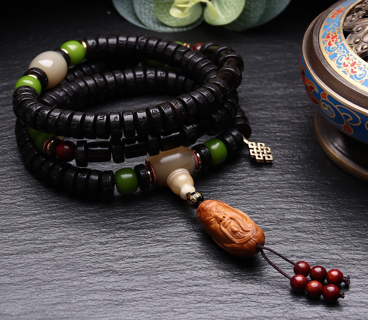 新品天然椰壳椰蒂六字真言108颗佛珠手链手串创意diy手持项链饰品-阿