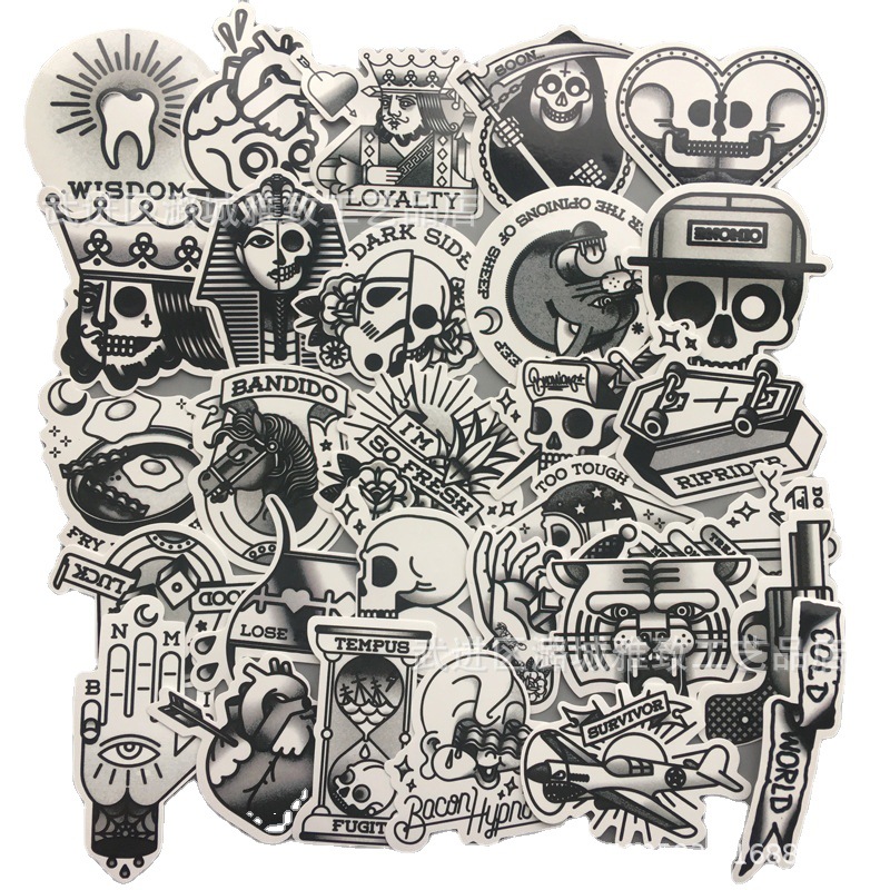 30张不重复黑白复古纹身图案套装 个性外贸汽车车身贴涂鸦贴纸