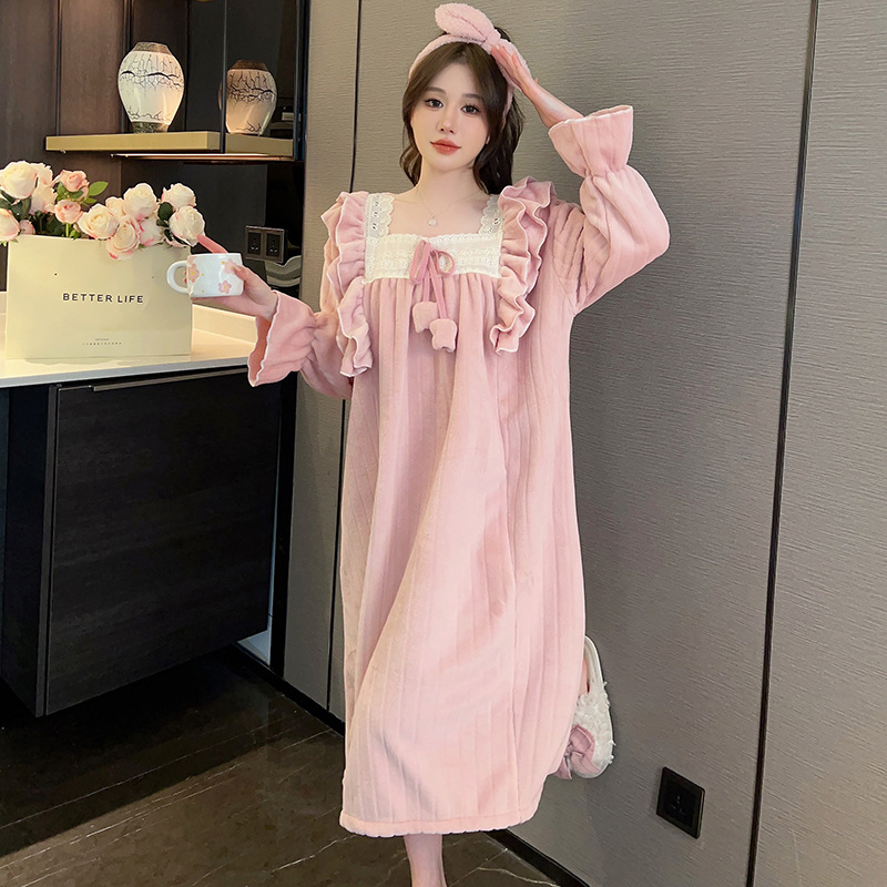 亚马逊新款冬季法兰绒睡裙女加厚甜美公主风可爱家居服长裙家居服