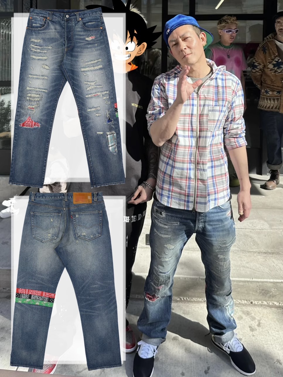 潮牌牛仔裤陈冠希破洞做旧补丁潮流直筒裤破坏水洗宽松男休闲裤