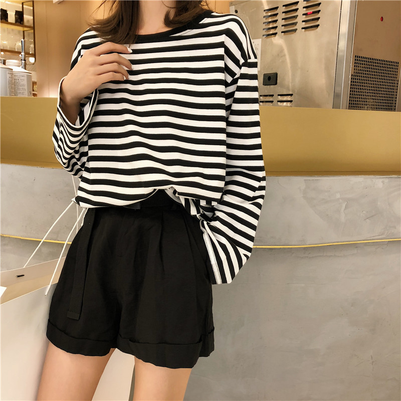 （Special Clearance） New Korean Style Loose Casual Striped Long-Sleeved T-shirt Women‘s European and American Oversized T-shirt Sisters Top
