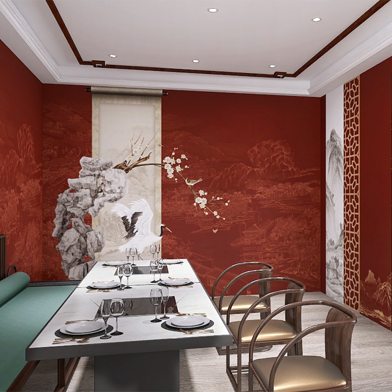 复古中国风背景墙故宫红墙壁纸中式酒店饭店包厢装修3d太湖石壁布