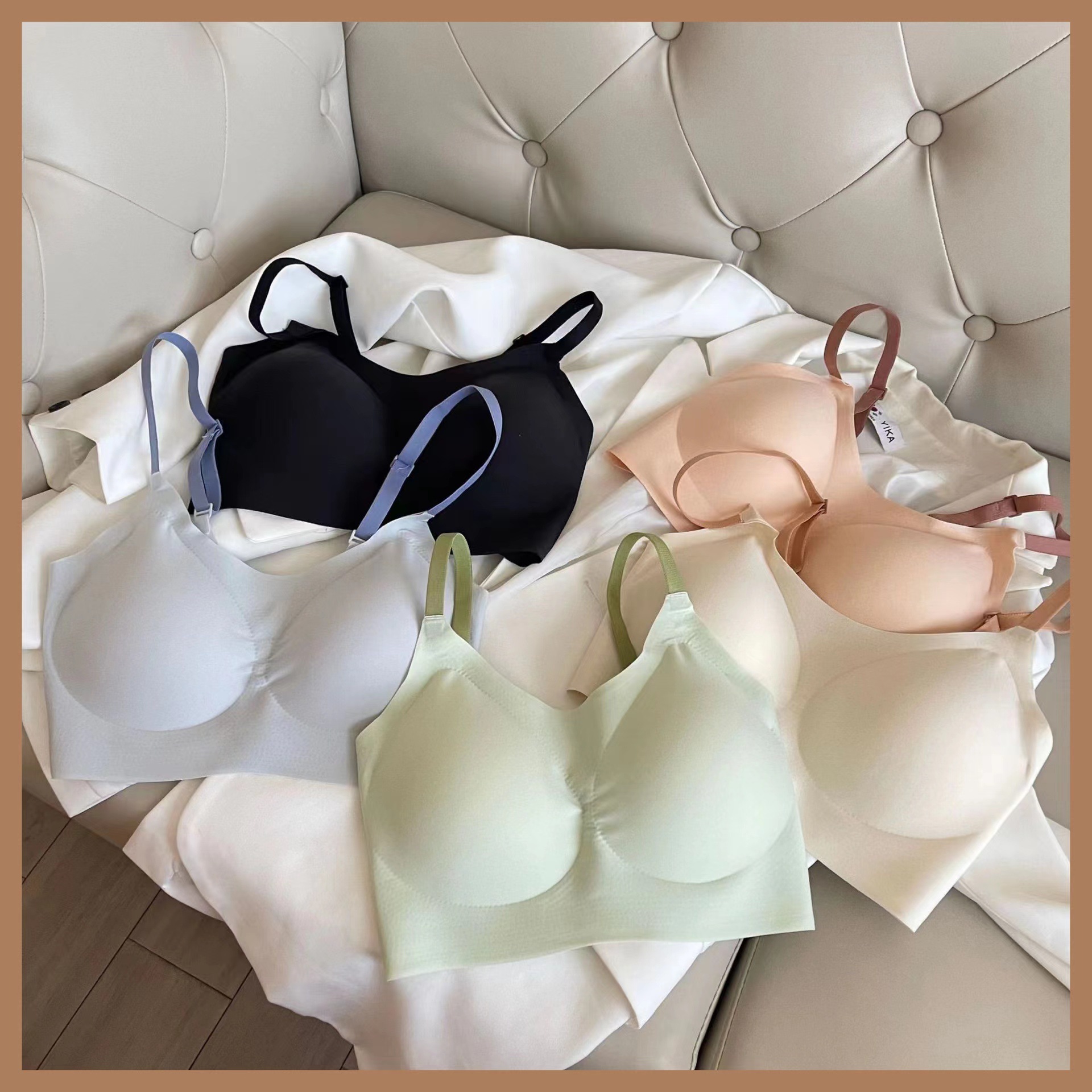 【两件起拍】高品质无痕固定杯撞色乳胶棉内衣透气聚拢侧收副乳
