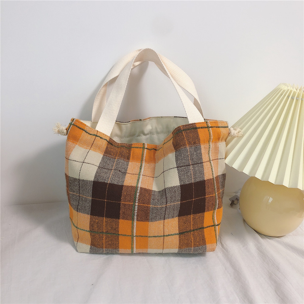 磨毛格子手拎布袋抽绳束口袋手提布包便当包早餐包简约韩版棉布