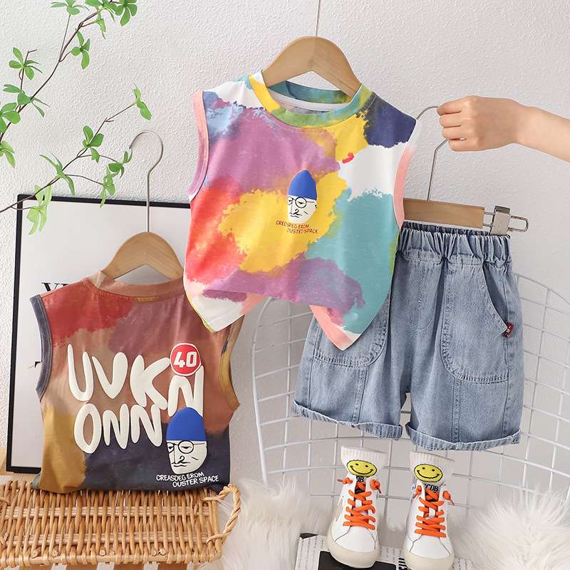 2024 New Children's Tie-Dyed Short-Sleeved Suit Girls' Summer Clothes Boy's Denim Shorts Female Baby Boy Clothes Children's Clothing