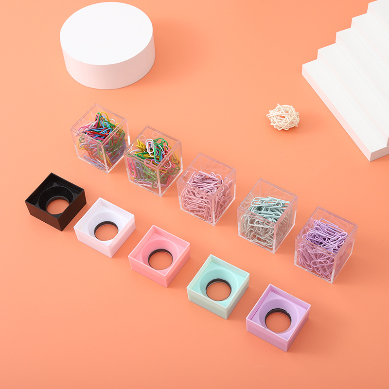 Macaron Color Square Magnetic Clip Storage Bucket Creative Transparent Paper Clip Barrel Color Plastic Paper Clip Barrel