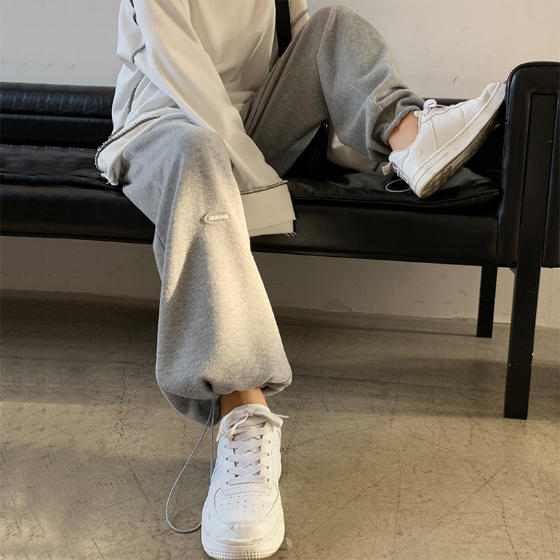 灰色运动裤女春秋冬宽松束脚高腰小个子阔腿裤休闲加厚加绒卫裤子