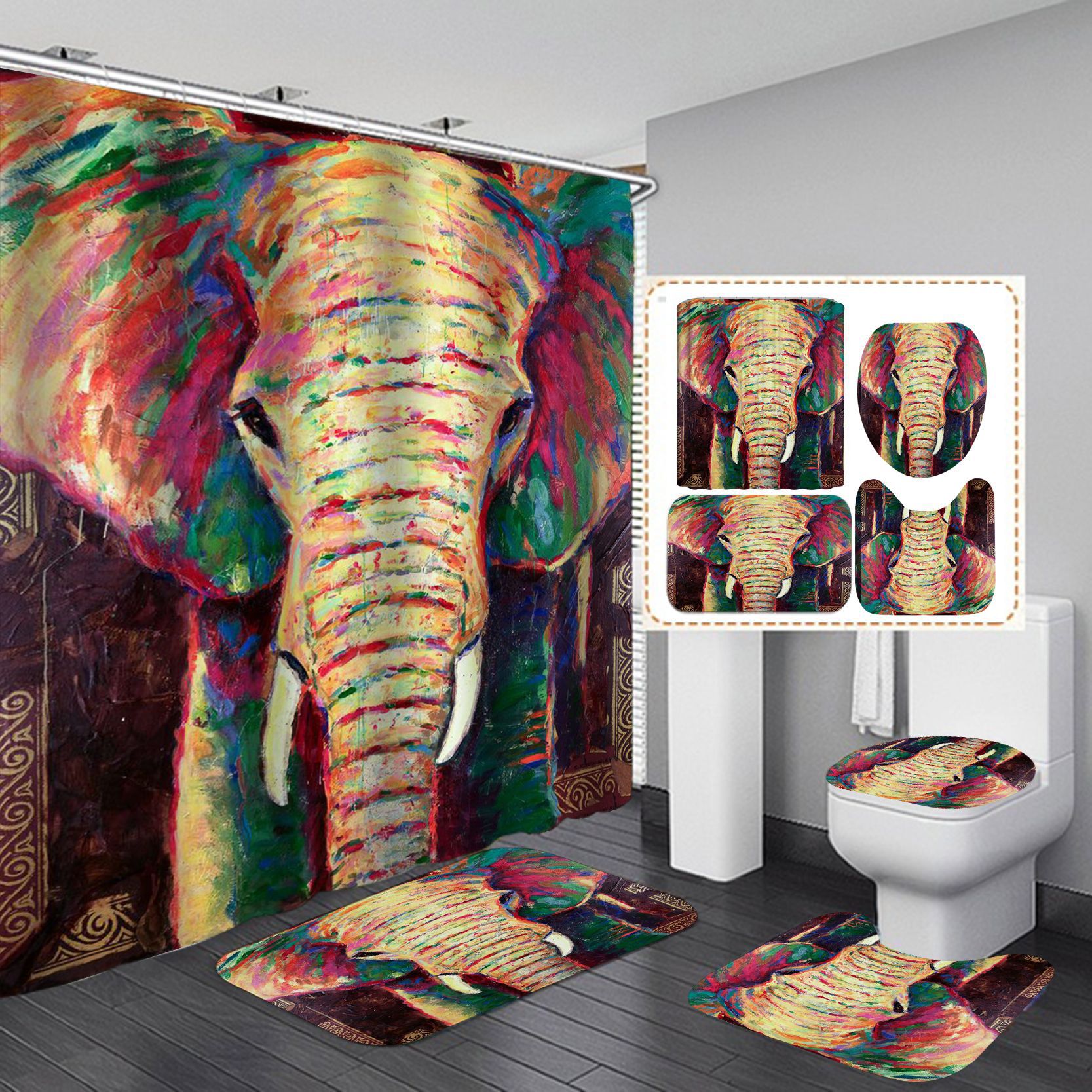 Amazon Best-Selling Shower Curtain Four-Piece Elephant Series Waterproof Punch-Free Partition Curtain Hotel Rain Curtain