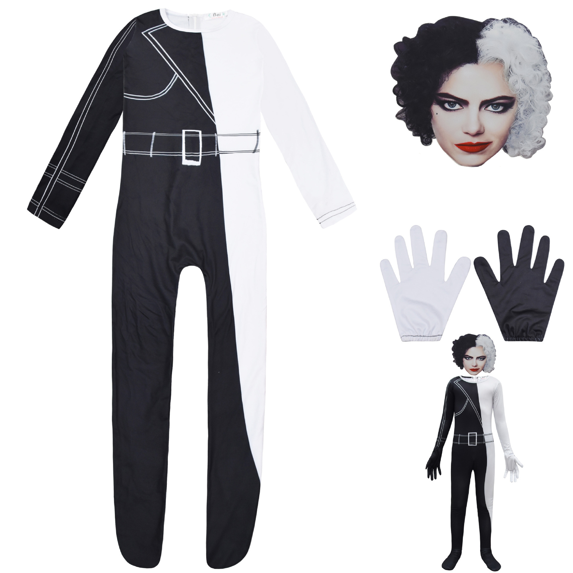 圣诞节万圣节装扮服装 黑白魔女库伊拉cruella 派对造型连体服175