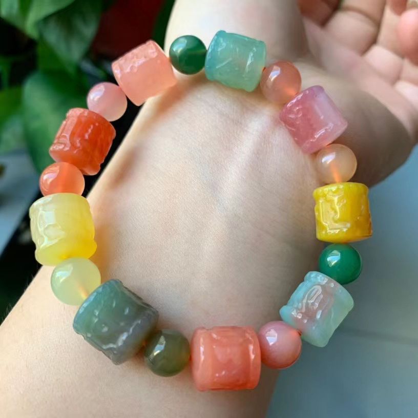 天然阿拉善盐源玛瑙六字真言单圈手链多宝方糖糖果色手串男女饰品