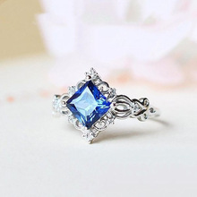华杰 wish热卖S925银镶蓝色锆石戒指 时尚精美的女性节日花纹戒指