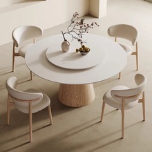 北欧实木岩板圆餐桌纯白带转盘现代简约家用饭桌原木色奶油风圆桌