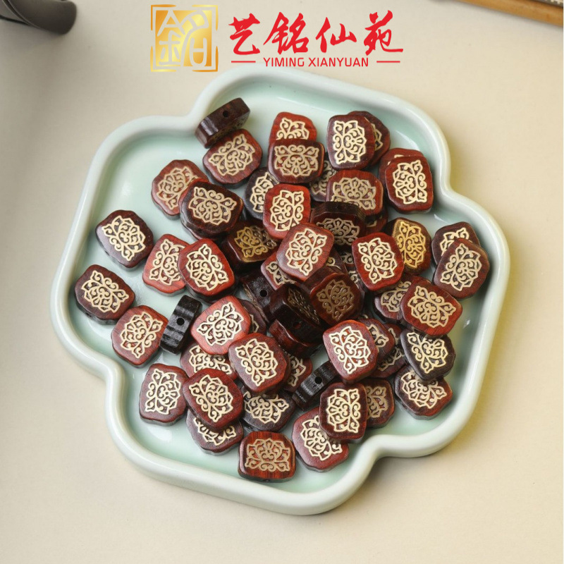 紫檀木镶铜金属背云莲花福字古风饰品配饰吊坠黑檀DIY配件饰品