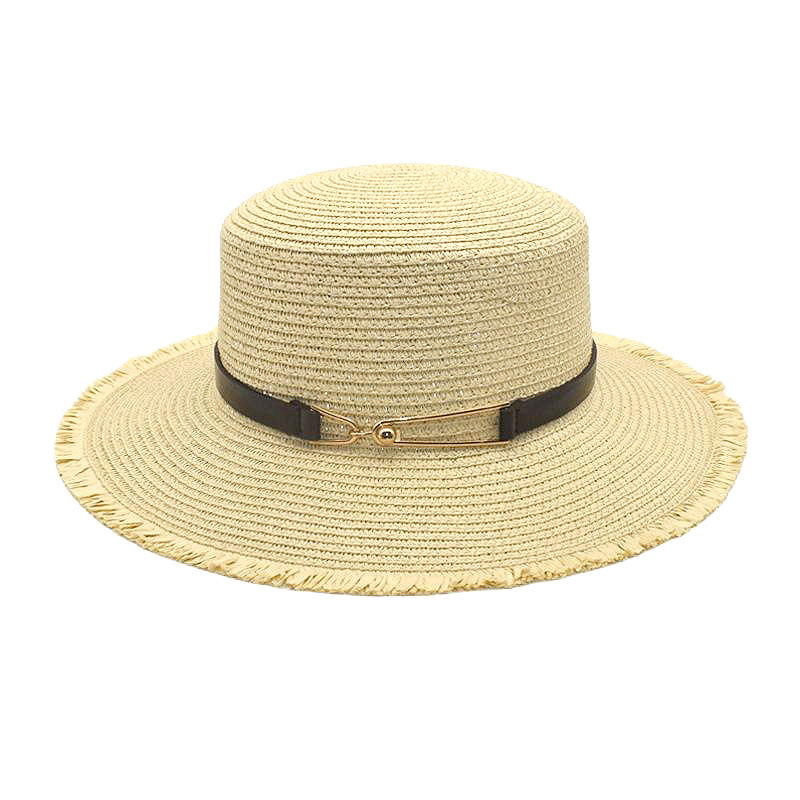 Korean Style Women's Flat Top Hat Belt Standard Solid Color Metal Decorative Sun Hat Summer Artistic Outdoor Sun Hat