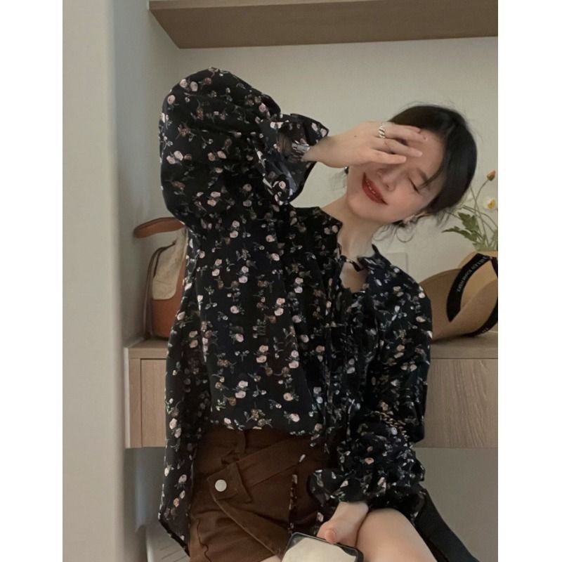 韩系黑色碎花上衣女秋季新款法式气质v领宽松设计感长袖衬衫