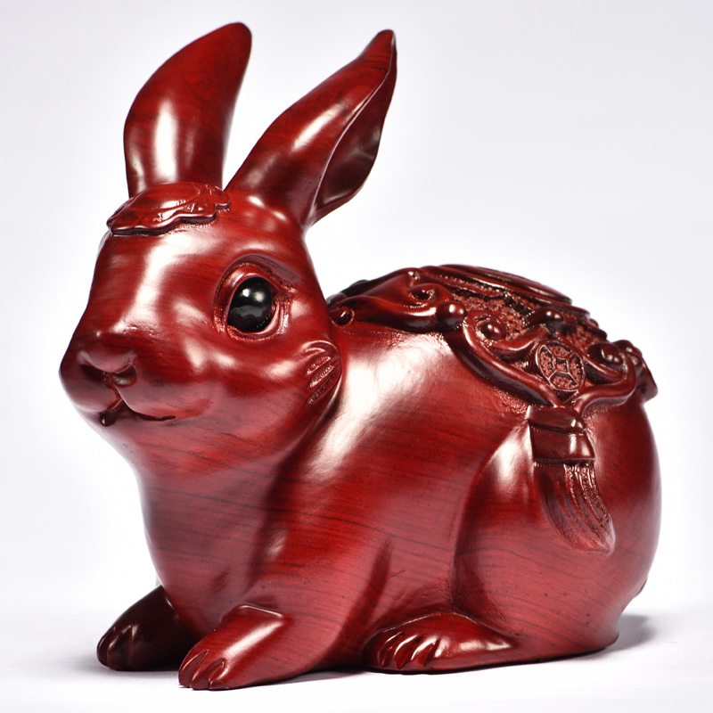 红檀实木雕刻木雕兔子摆件木质木制兔生肖兔木头红木工艺品木兔