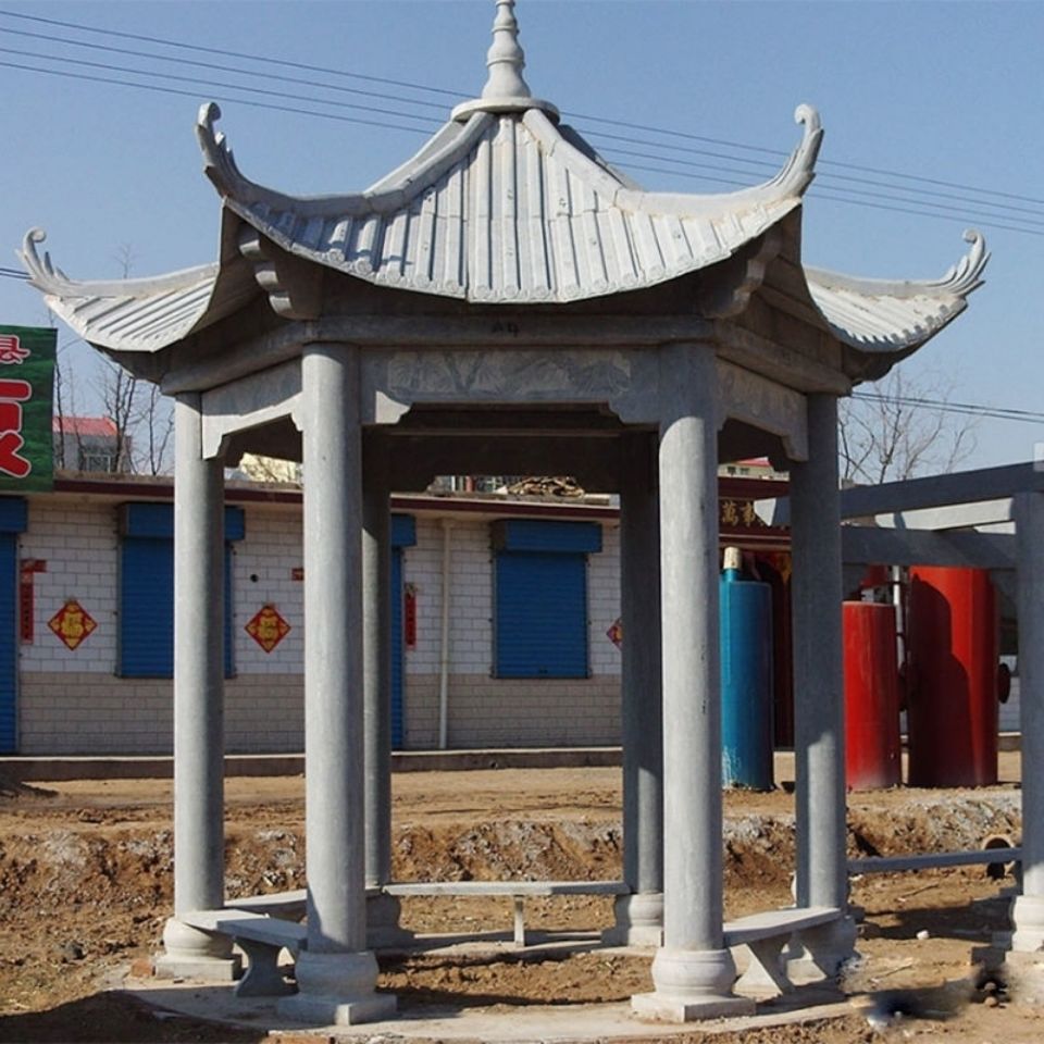 石雕凉亭单层四角六角中式别墅晚霞红石亭子公园休闲庭院石亭