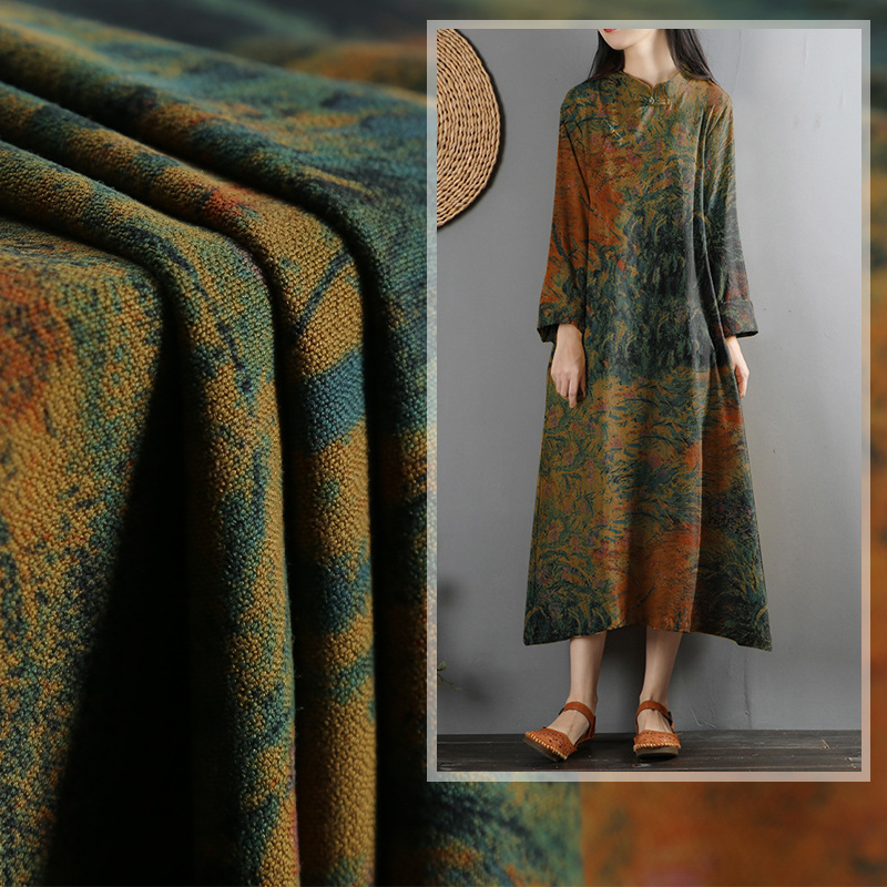 新品绢丝西雅油画绿色麦田香云纱布料时尚高端风衣连衣裙面料促销