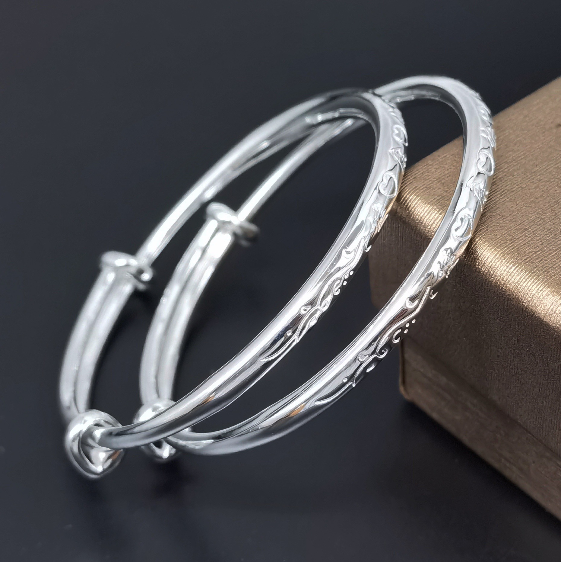 纯银手镯印花童镯s999足银车花儿童手镯健康快乐爱心手镯纯银手镯