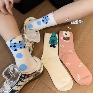 卡通袜子女中筒袜春秋季纯棉ins潮韩国日系可爱少女网红夏天长袜