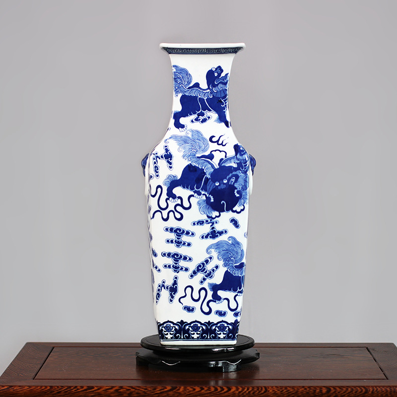 Jingdezhen Ceramic Chinese Style Hand Painted Blue and White Ming and Qing Lion Pattern Double-Ear Square Flower Porcelain Bottle Living Room Hallway Decoration Ornaments