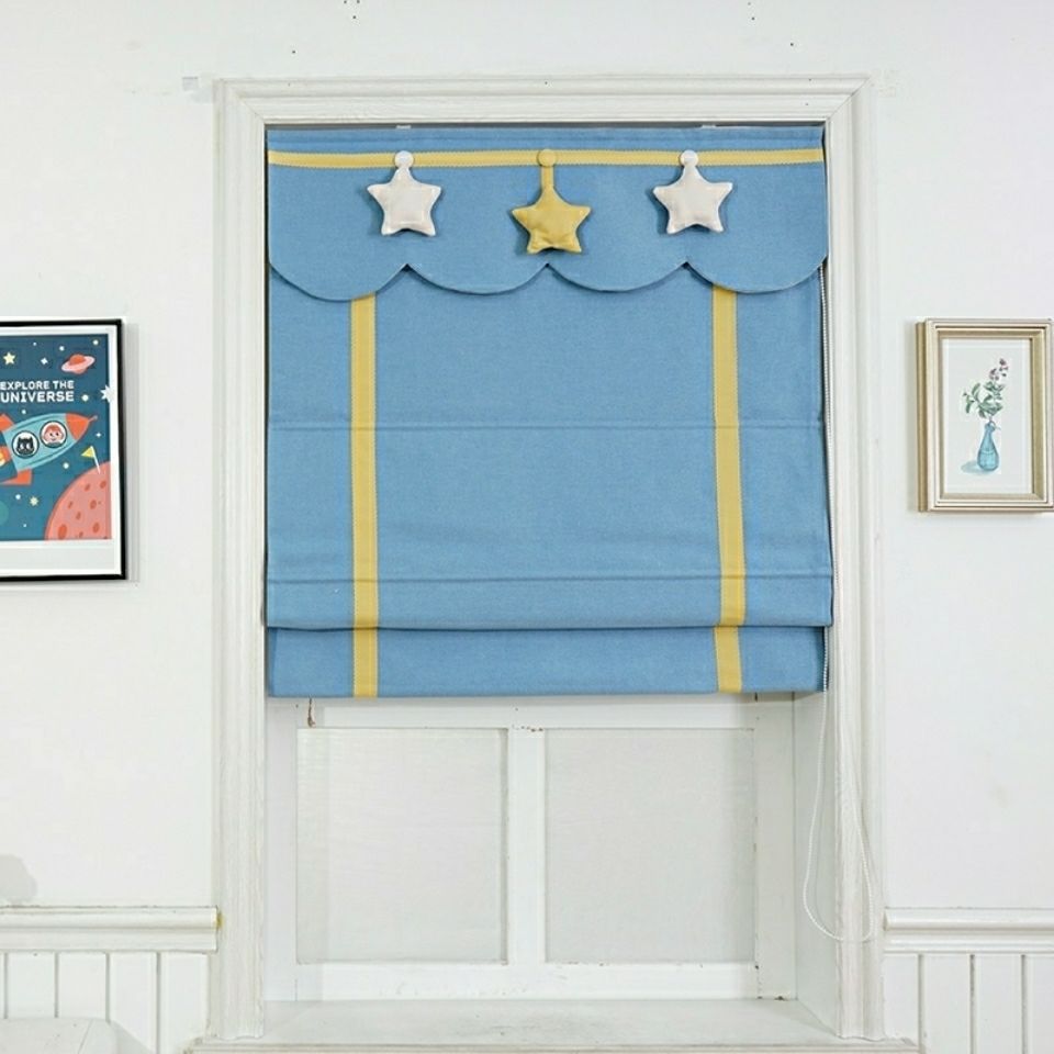 锚舵地中海美式航海风儿童房男孩房罗马帘棉麻星星免打孔窗帘