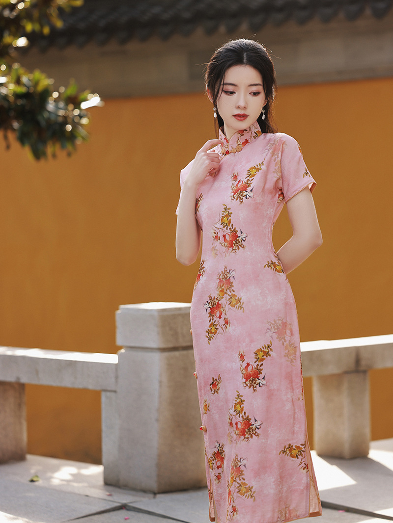 复古国风石榴花印花春季新款单丝麻旗袍 日常长款全开襟休闲旗袍