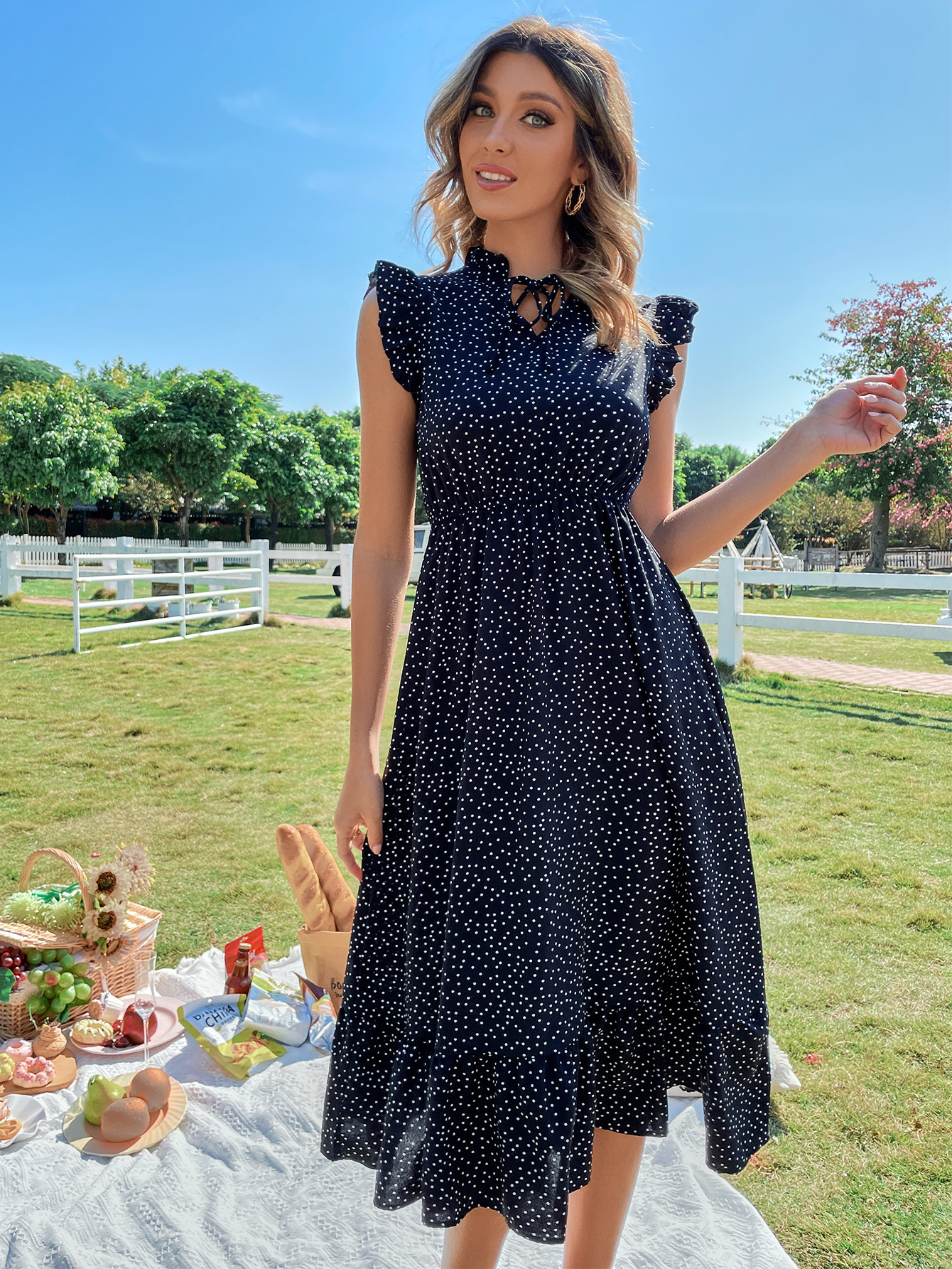 91221#亚马逊跨境女装欧美ins 气质休闲波点印花泡泡袖圆点连衣裙