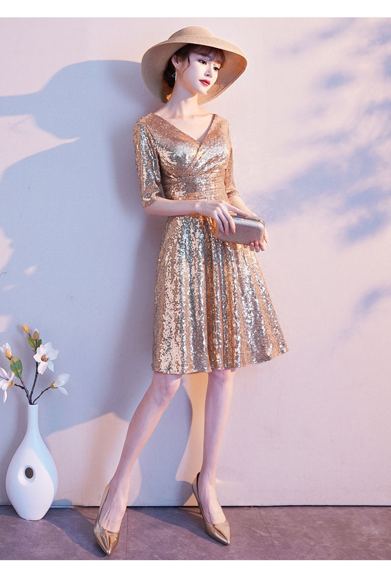 金色晚礼服小个子女2022新款连衣裙宴会名媛气质平时可穿年会礼服