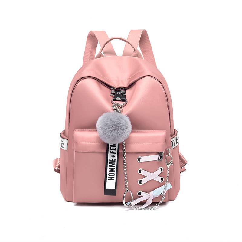 New Oxford Cloth Backpack Women's Lightweight Simple Large Capacity Travel Backpack Outdoor Fashion Fur Ball Chain Backpack