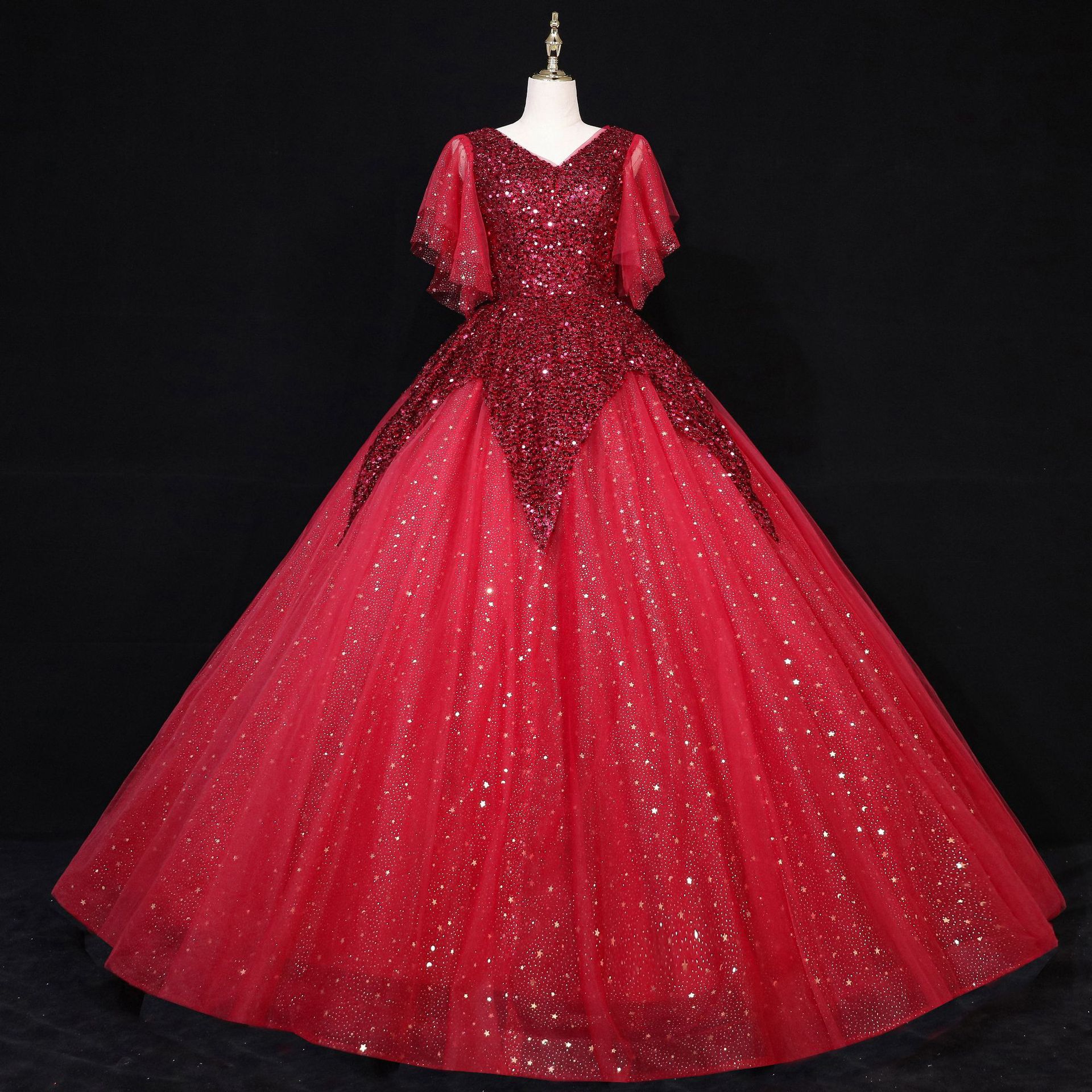 跨境外贸婚纱晚礼服 浅粉色v领新娘敬酒服晚宴舞台演出蓬蓬裙供应