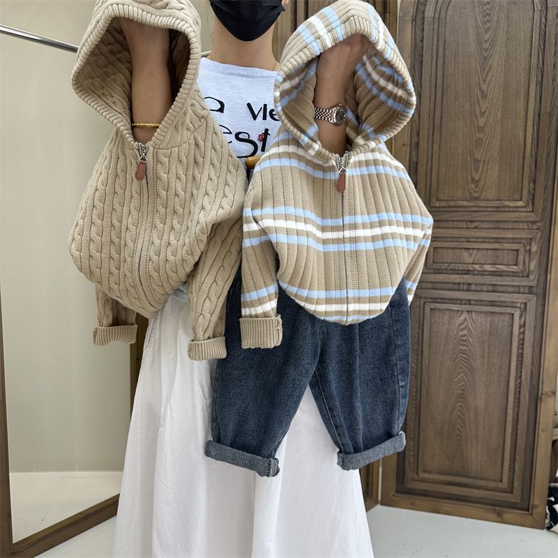 韩系穿搭儿童麻花拉链毛衣开衫外套2025秋冬男童女宝宝连帽针织衫