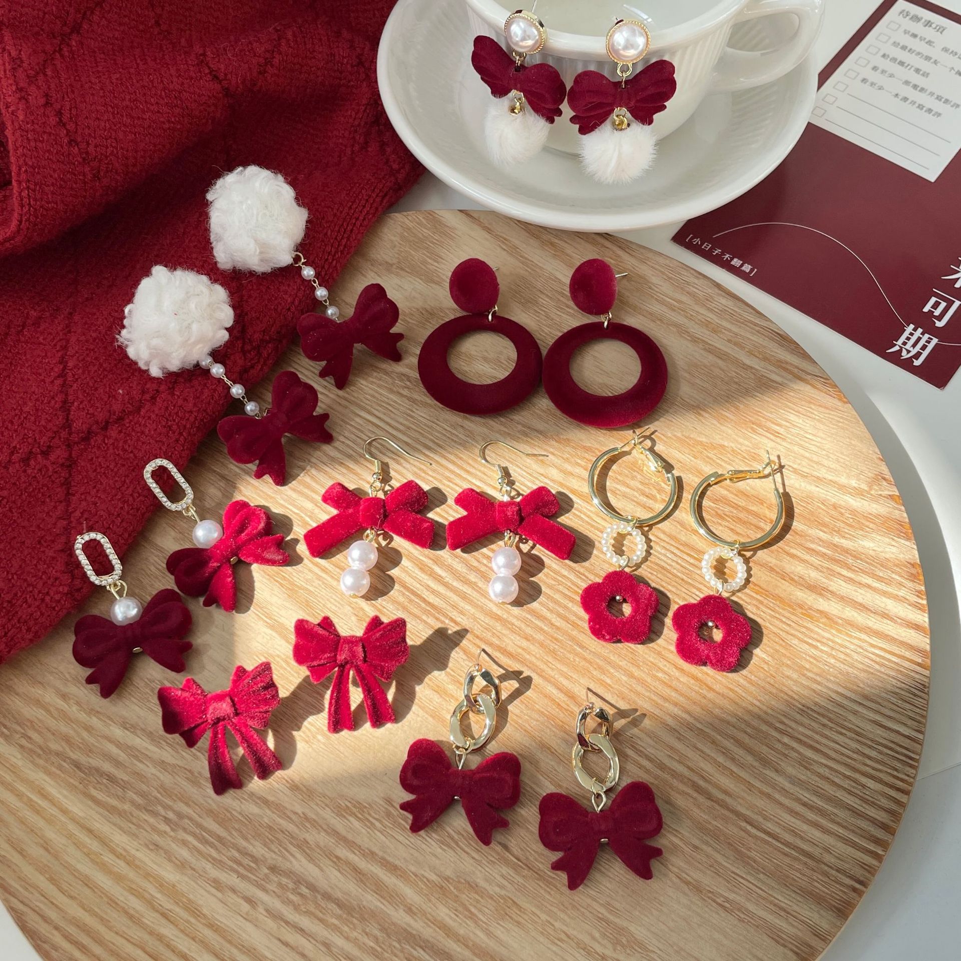2022 New Year Celebration Red Silver Stud Earrings Women's Autumn and Winter Elegant Graceful Earrings Flocking Bow Earrings Wholesale