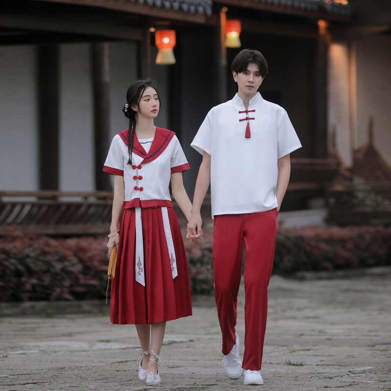 情侣装夏装中国风刺绣短袖上衣半身裙班服套装高中生汉服古风校服