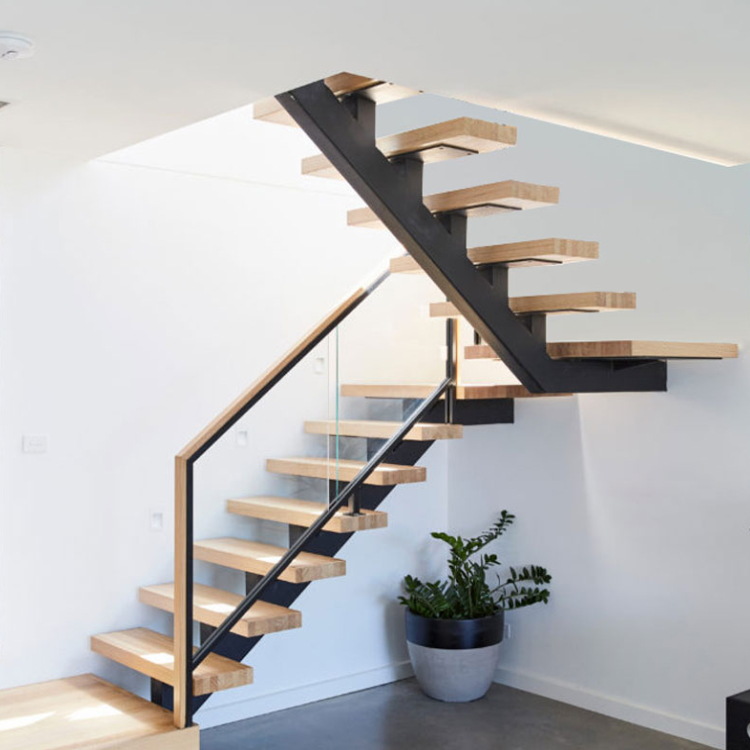 方管直梁楼梯室内木踏板简约复式风格直梯佛山厂家定制