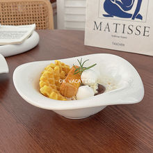 INS韩版风纯白北欧不规则汤盘曲边菜盘沙拉碗甜品碗商用陶瓷餐盘