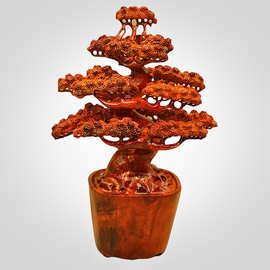 中式室内装饰收藏缅甸花梨木雕纯手工木刻松树盆景迎客松雕刻摆件