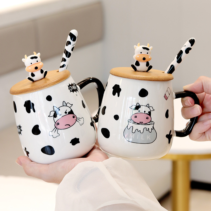 cartoon cow ceramic cup with cover spoon milk cup good-looking mug coffee cup cute student couple cup