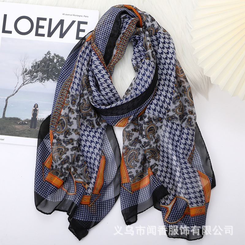 New Chiffon Silk Scarf Houndstooth Cashew Printed Scarf Spring and Summer Sunscreen Scarf Autumn and Winter Neck Protection Scarf Thin Silk Scarf