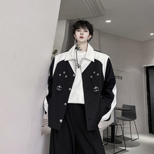 设计感个性重工艺黑白拼接撞色夹克垫肩外套男高级感潮
